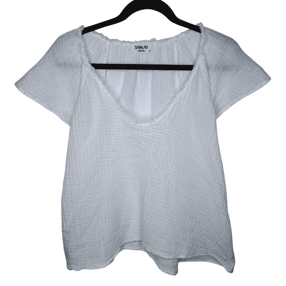 Sam & Lavi Cotton Gauze Top Small Flutter Sleeve Boho Flowy Scoop Neck Beachy